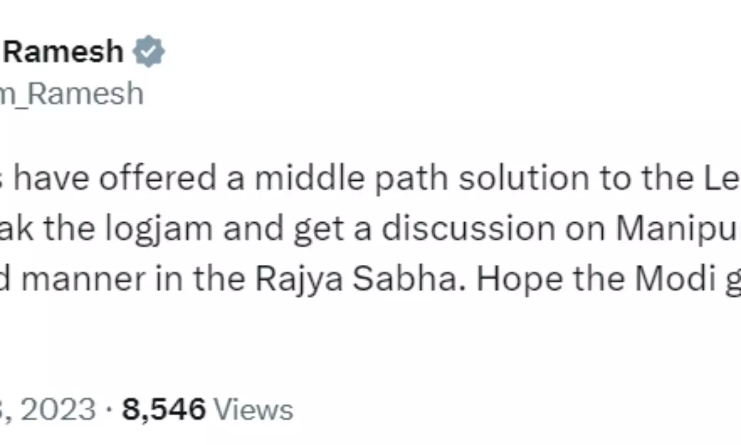 इंडिया ने की मणिपुर पर चर्चा के लिए सरकार को मध्य मार्ग समाधान की पेशकश : कांग्रेस