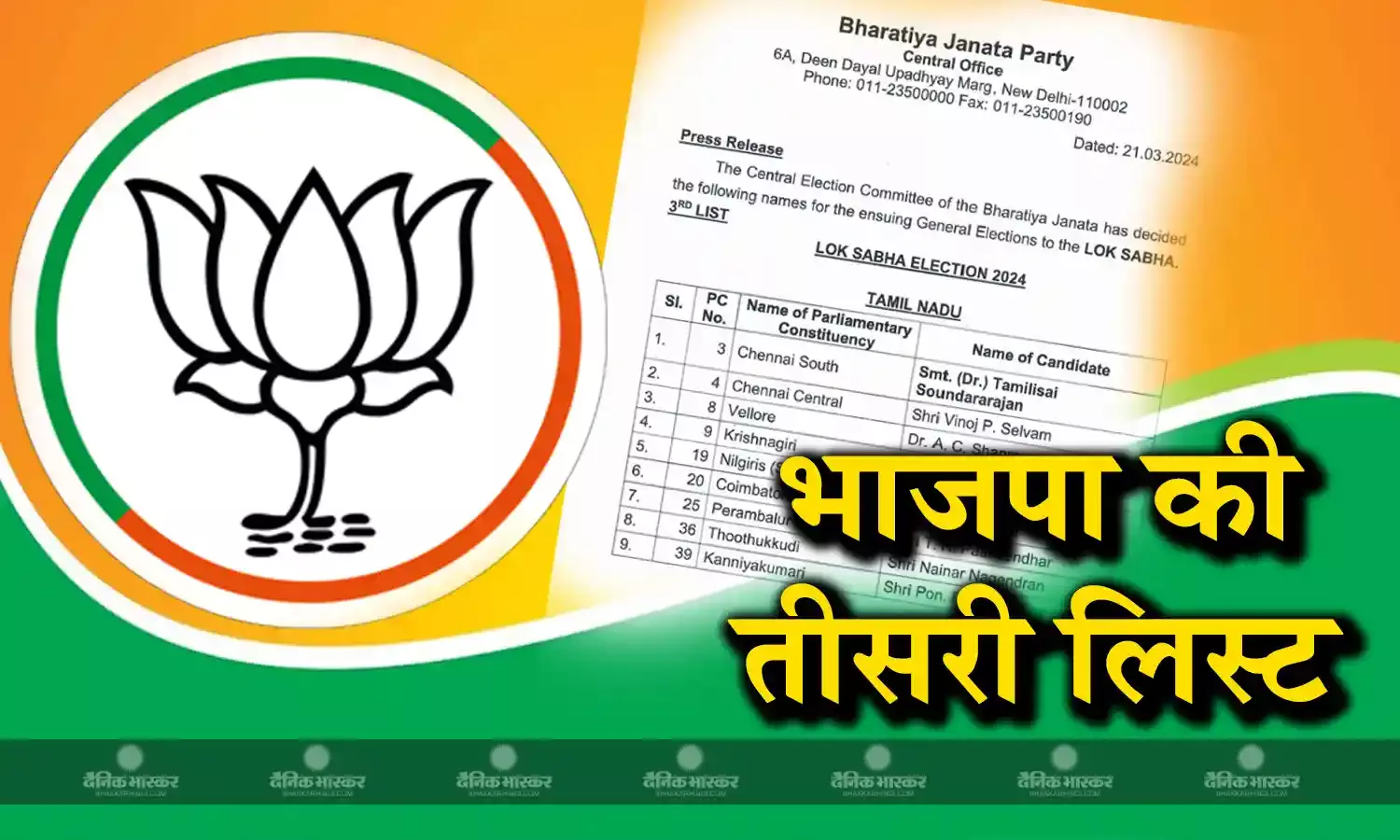 बीजेपी ने जारी की उम्मीदवारों की तीसरी लिस्ट, तामिलनाडु के 9 उम्मीदवारों का किया ऐलान