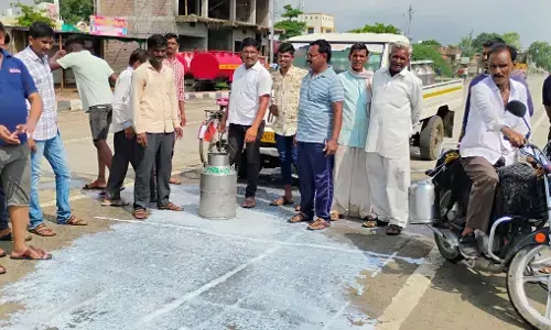 रास्ता जाम कर सड़क पर फेंका दूध, तीन दिन से डेयरी दूध नहीं ले रही रास्ता जाम कर सड़क पर फेंका दूध, तीन दिन से डेयरी दूध नहीं ले रही