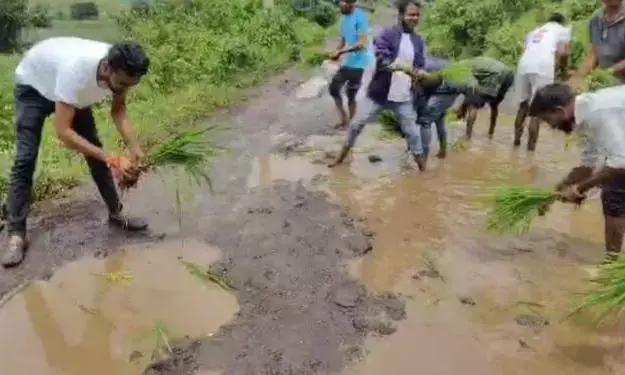 सड़कों के गड्ढों में धान की रोपाई कर ग्रामीणों ने जताया अनोखा विरोध