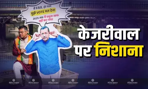 सफाई मुद्दे को लेकर हुआ बवाल, प्रवेश वर्मा ने कान पकड़े हुए केजरीवाल के पोस्टर को यमुना में लगवाई डुबकी