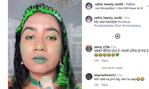 सावन के महीने में महिला ने किया हरा मेकअप, देखकर लोगों ने किया कमेंट, कहा- अलिफ लैला का जिन लग रही हो