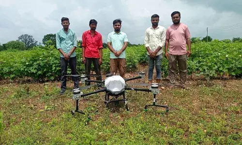 ड्रोन से किया कीटनाशक का छिड़काव : प्रति एकड़ 10 लीटर पानी की हुई बचत ड्रोन से किया कीटनाशक का छिड़काव : प्रति एकड़ 10 लीटर पानी की हुई बचत