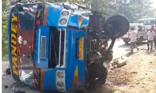 पेड़ से टकराकर पलटी यात्री बस,एक महिला गंभीर रूप से हुई घायल, बस में सवार अन्य यात्रियों को भी आई मामूली चोटें