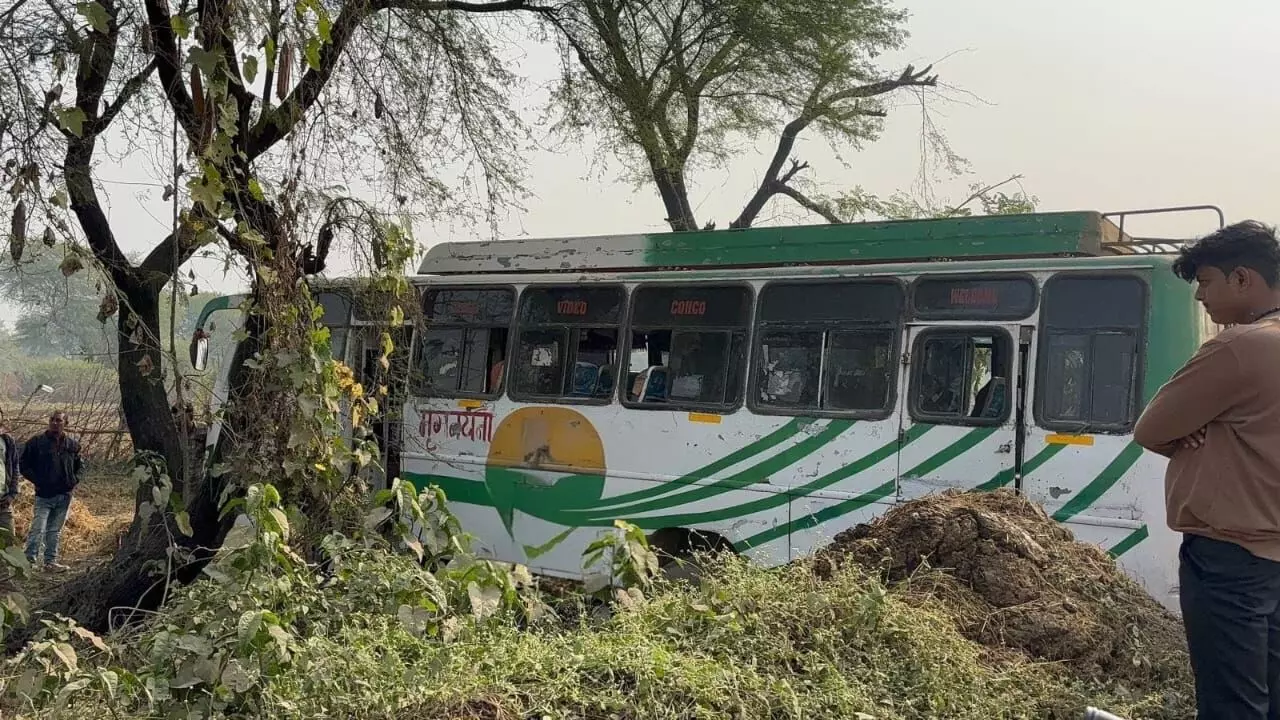 स्टेट हाइवे के गड्ढे में टायर फंसने से बस बेकाबू होकर खेत में घुसी, 12 घायल