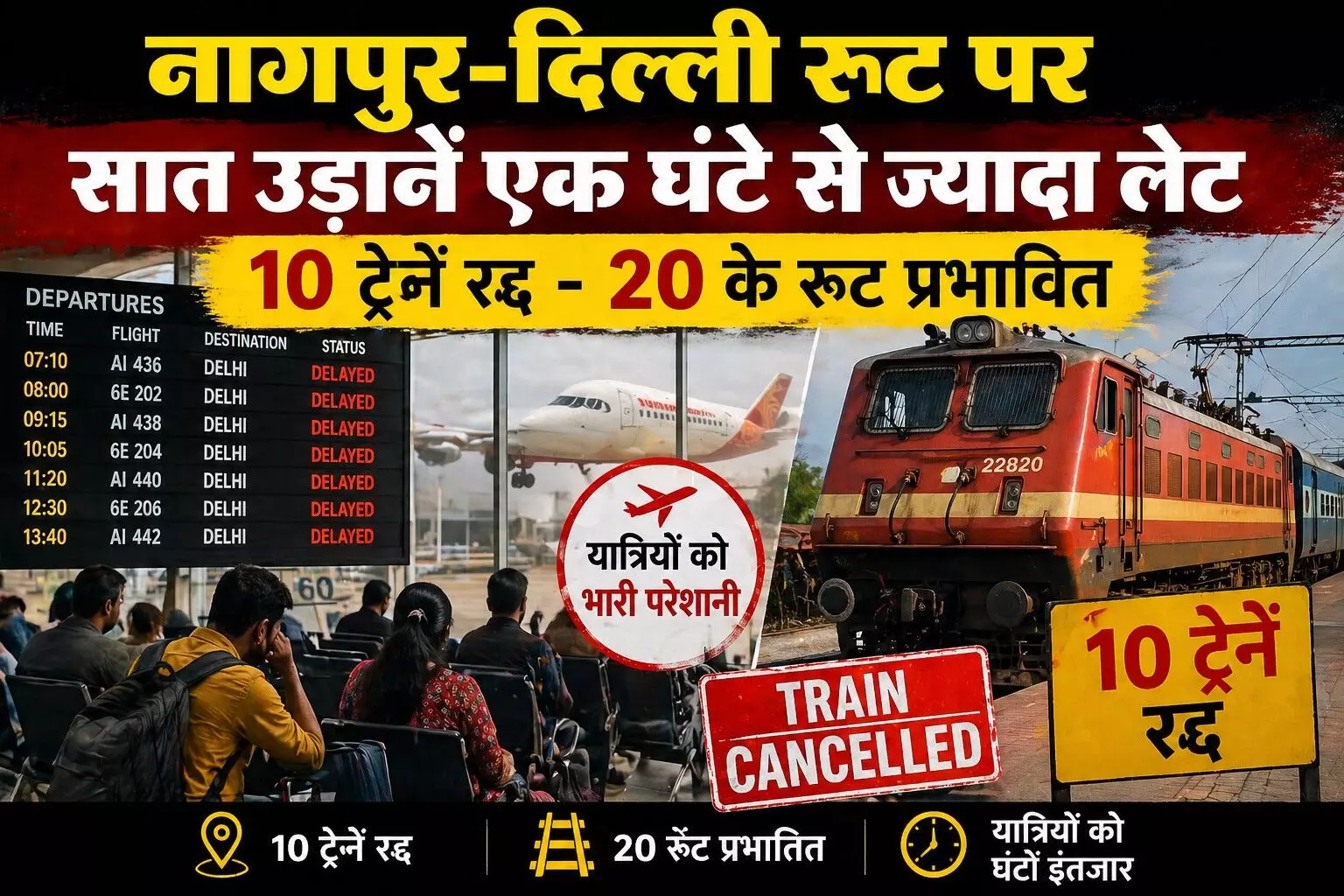 नागपुर-दिल्ली रूट पर सात उड़ानें एक घंटे से ज्यादा लेट, 10 ट्रेनें रद्द - 20 के रूट प्रभावित