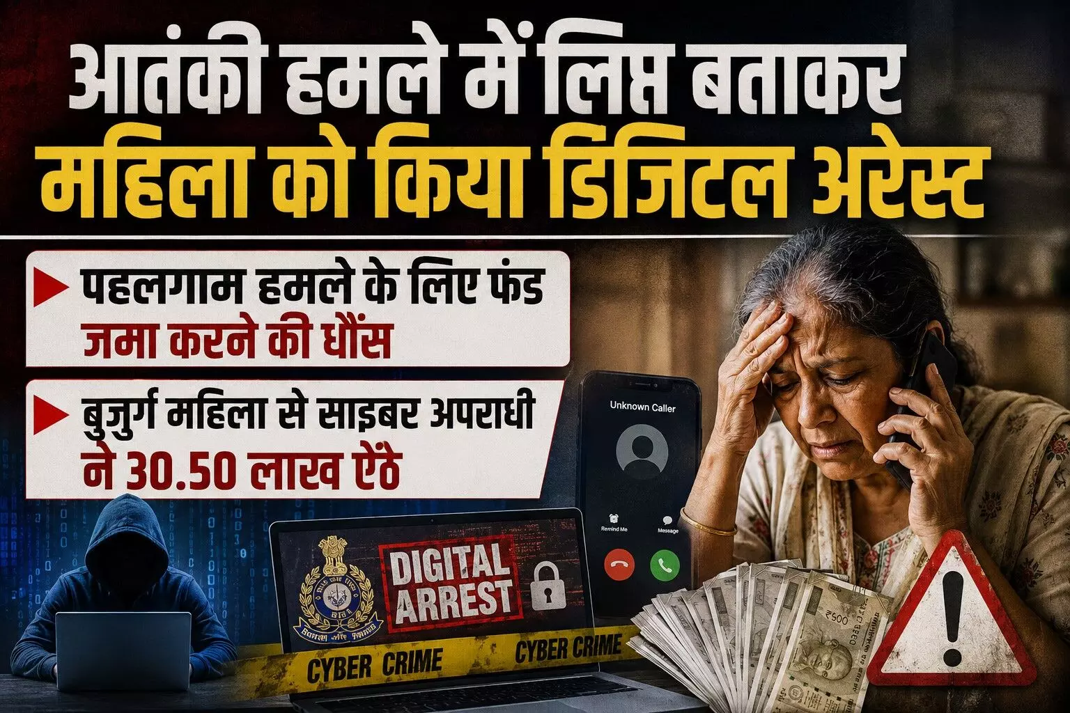 बुजुर्ग महिला को डराया और पहलगाम हमले के लिए फंड जमा करने की धौंस देकर ऐंठे 30.50 लाख रुपए