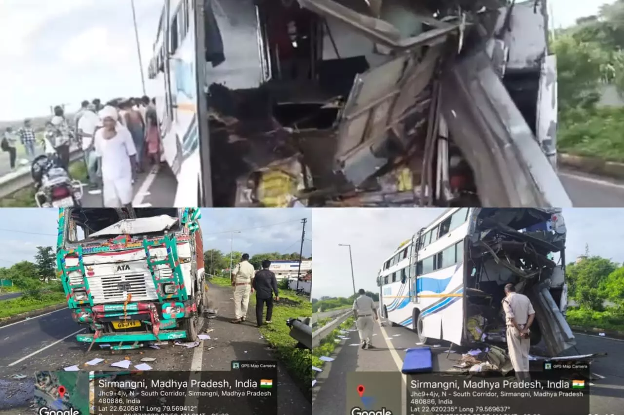 बस के ब्रेक लगते ही पीछे घुसा ट्रक,एक की मौत,15 घायल