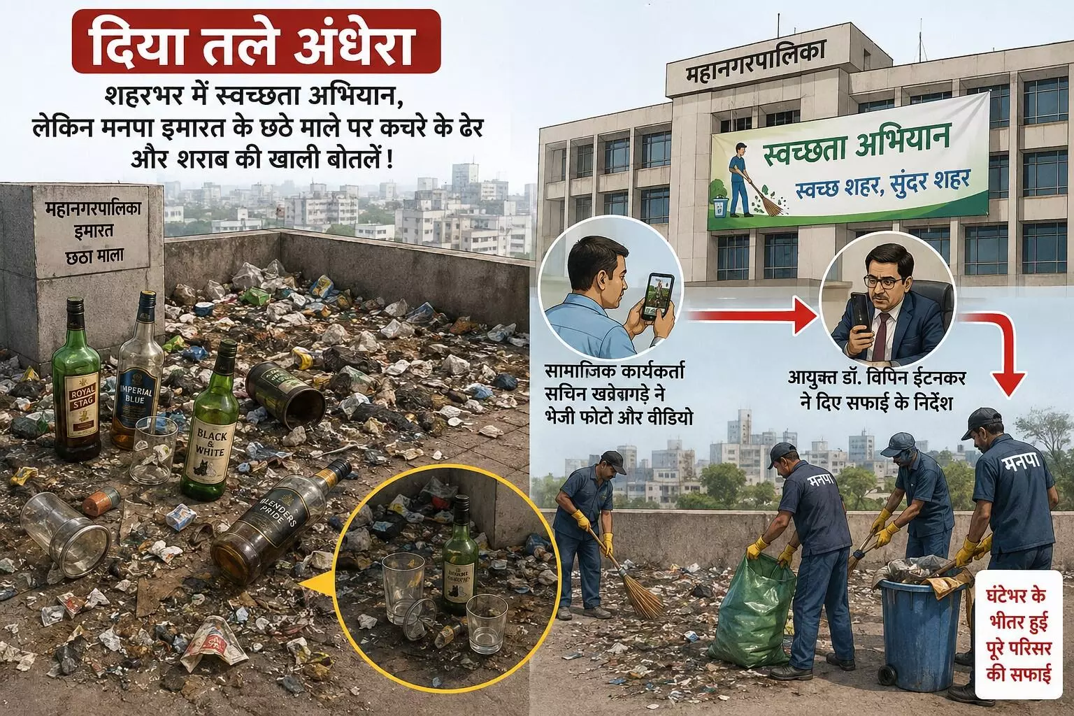 उपराजधानी में स्वच्छता अभियान चला रहे महानगरपालिका की इमारत के छठे माले पर मिला कचरे का ढेर और शराब की बोतलें - ताबड़तोड़ हुई सफाई