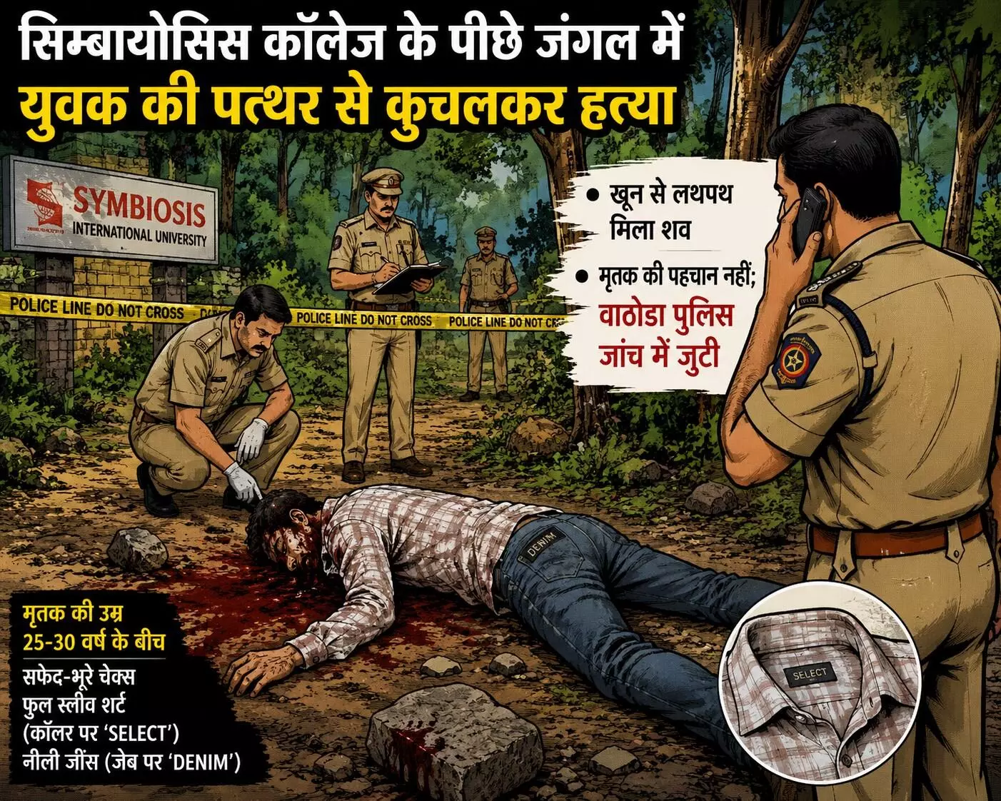 सिम्बायोसिस कॉलेज के पीछे जंगल में युवक का खून से लथपथ मिला शव, पत्थर से कुचलकर की हत्या सिम्बायोसिस कॉलेज के पीछे जंगल में युवक का खून से लथपथ मिला शव, पत्थर से कुचलकर की हत्या
