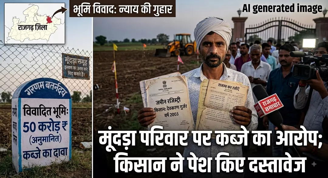 राजगढ़ में 50 करोड़ की जमीन को लेकर विवाद, मूंदड़ा परिवार पर कब्जे का आरोप; किसान ने पेश किए दस्तावेज राजगढ़ में 50 करोड़ की जमीन को लेकर विवाद, मूंदड़ा परिवार पर कब्जे का आरोप; किसान ने पेश किए दस्तावेज
