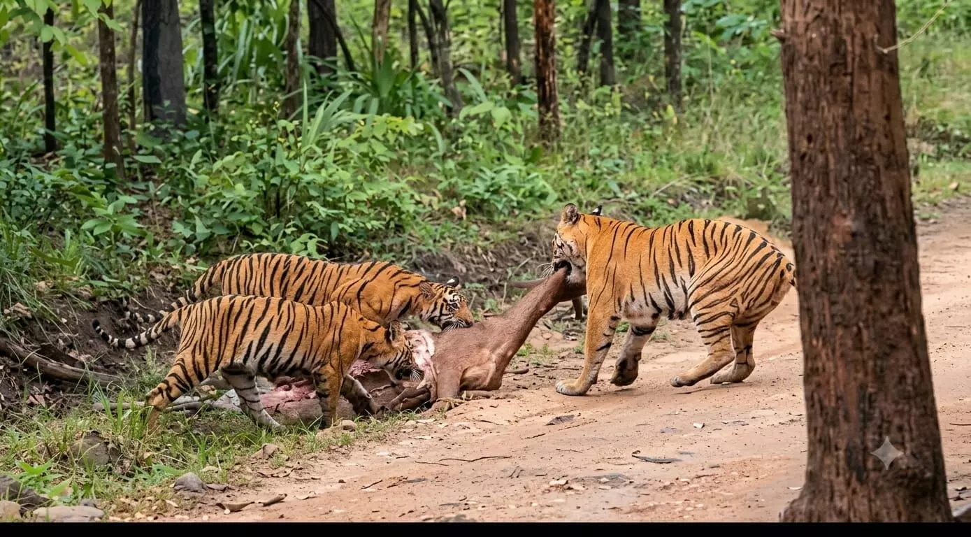 बाघिन ने शावकों के साथ मिलकर किया नीलगाय का शिकार बाघिन ने शावकों के साथ मिलकर किया नीलगाय का शिकार