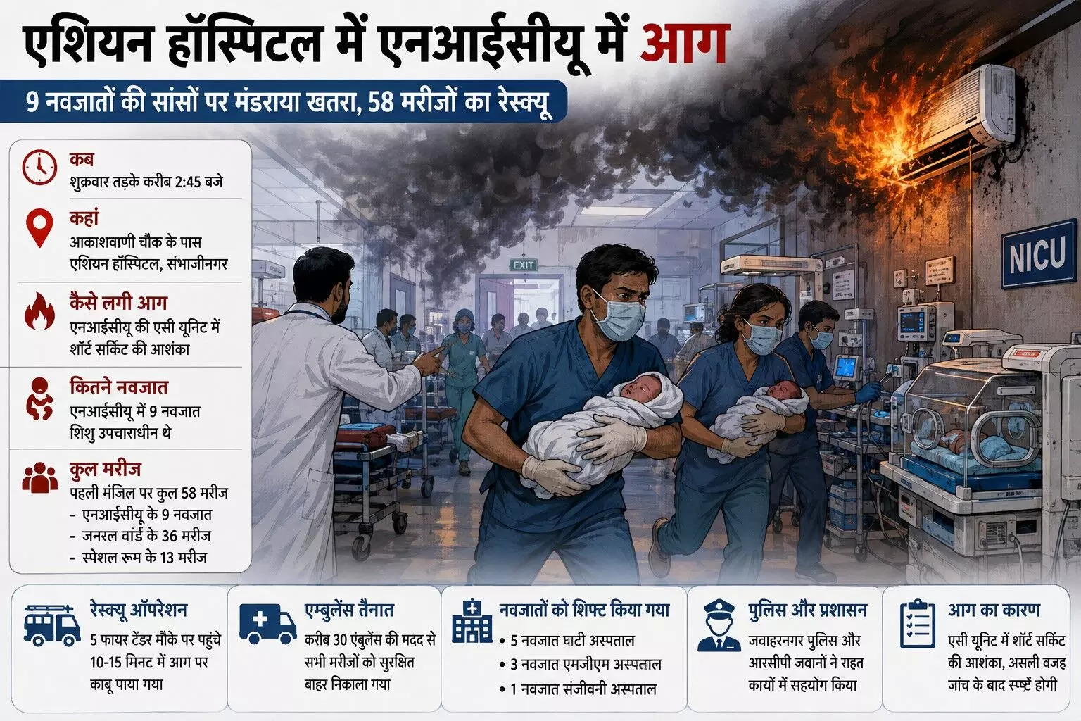 छत्रपति संभाजीनगर के एशियन हॉस्पिटल में लगी आग, 9 नवजातों की सांसों पर खतरा मंडराया, 58 मरीजों का रेस्क्यू छत्रपति संभाजीनगर के एशियन हॉस्पिटल में लगी आग, 9 नवजातों की सांसों पर खतरा मंडराया, 58 मरीजों का रेस्क्यू